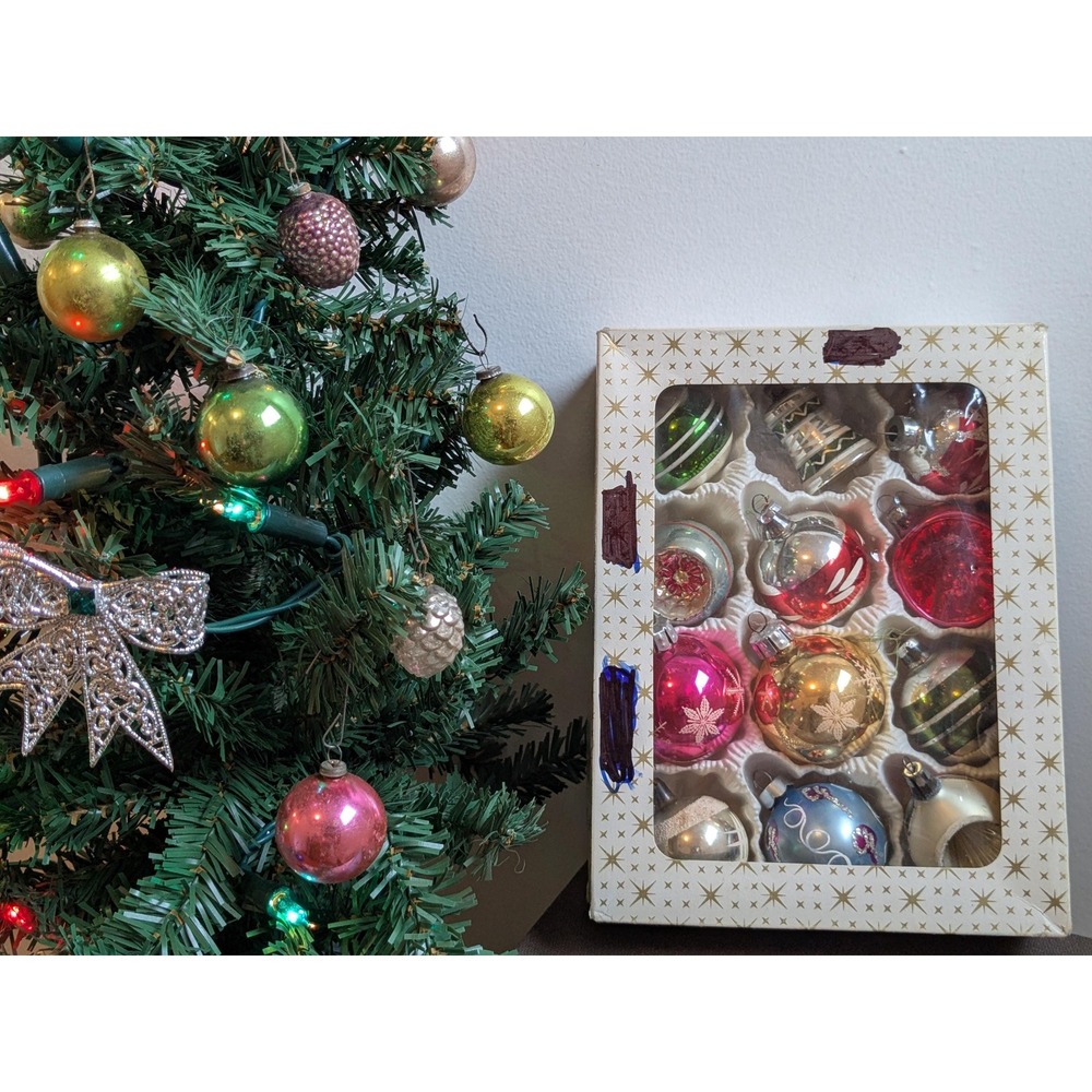 Vintage East Germany Glass Christmas Ornaments Boxed Set Reflector Mercury Glass